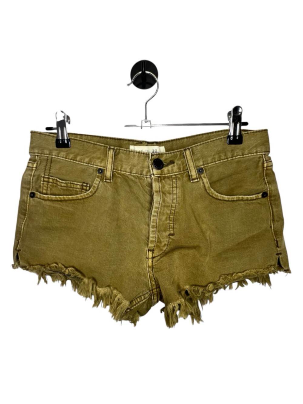 We The Free Free People Olive Green Button Fly Raw Hem Distressed Denim Shorts
